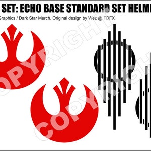 May include: Decal set for a helmet featuring two red Rebel Alliance symbols and two black and white vertical stripe designs. The text "DECAL SET: ECHO BASE STANDARD SET HELMET" is at the top of the image. The text "Assassin Graphics / Dark Star Merch. Original design by Wez @ FDFX" is at the bottom of the image.