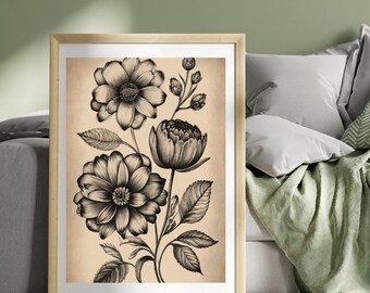 Vintage Flower Drawing / Printable Wall Art / Digital Download Art / Neutral Decor Art Print / Floral Wall Art