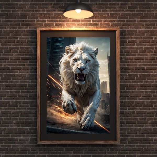 Cybertech wild white lion attacking, Matisse Wall Art, Exhibition Art, Agressive Wall Art, Animal Art, Digital printing