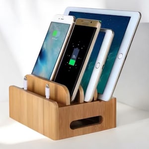 Bamboo Phone Stand & Charging Station – Docking Organizer for iPhone, Samsung - Tablets