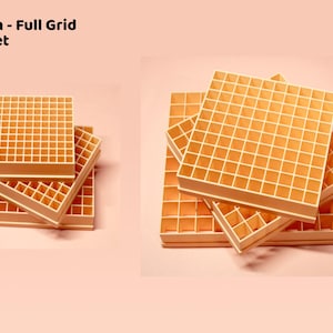 May include: Four orange full grid cutter sets, each with a grid pattern. The text "4 - 10mm - Full Grid Cutter Set" is in the upper left corner. The cutters are stacked on a light pink background.