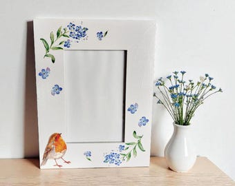 Robin & Forget Me Not Flowers Memorial Photo Frame Floral Wooden Picture Frame Remembrance Gift
