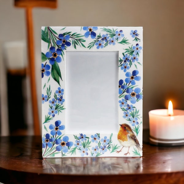 Forget Me Not Flowers & Robin Memorial Photo Frame Floral Wooden Picture Frame Remembrance Gift