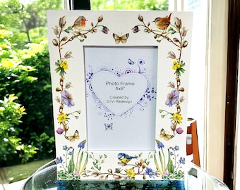 Birds & Wildflowers Photo Frame, Floral Wooden Picture Frame, Home Decor Gift