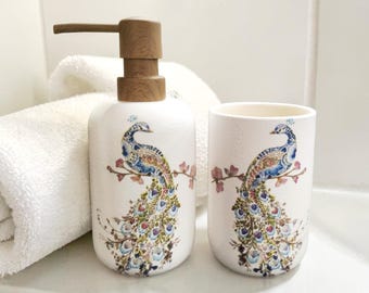 Peacock Ceramic Soap Dispenser & Tumbler,  Bathroom Accessories Set, Home Decor, Gift Boxed