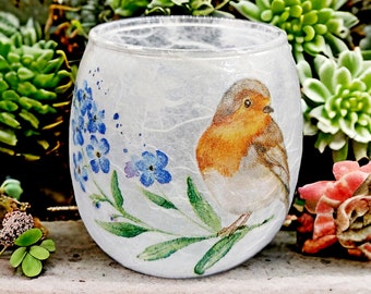 Robin & Forget Me Not Glass Tealight Holder, Remembrance Tealight Holder, Home Decor, Gift Boxed