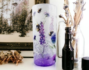 Thistles Wildflowers & Bees Glass Cylinder Vase Home Decor Gift Boxed