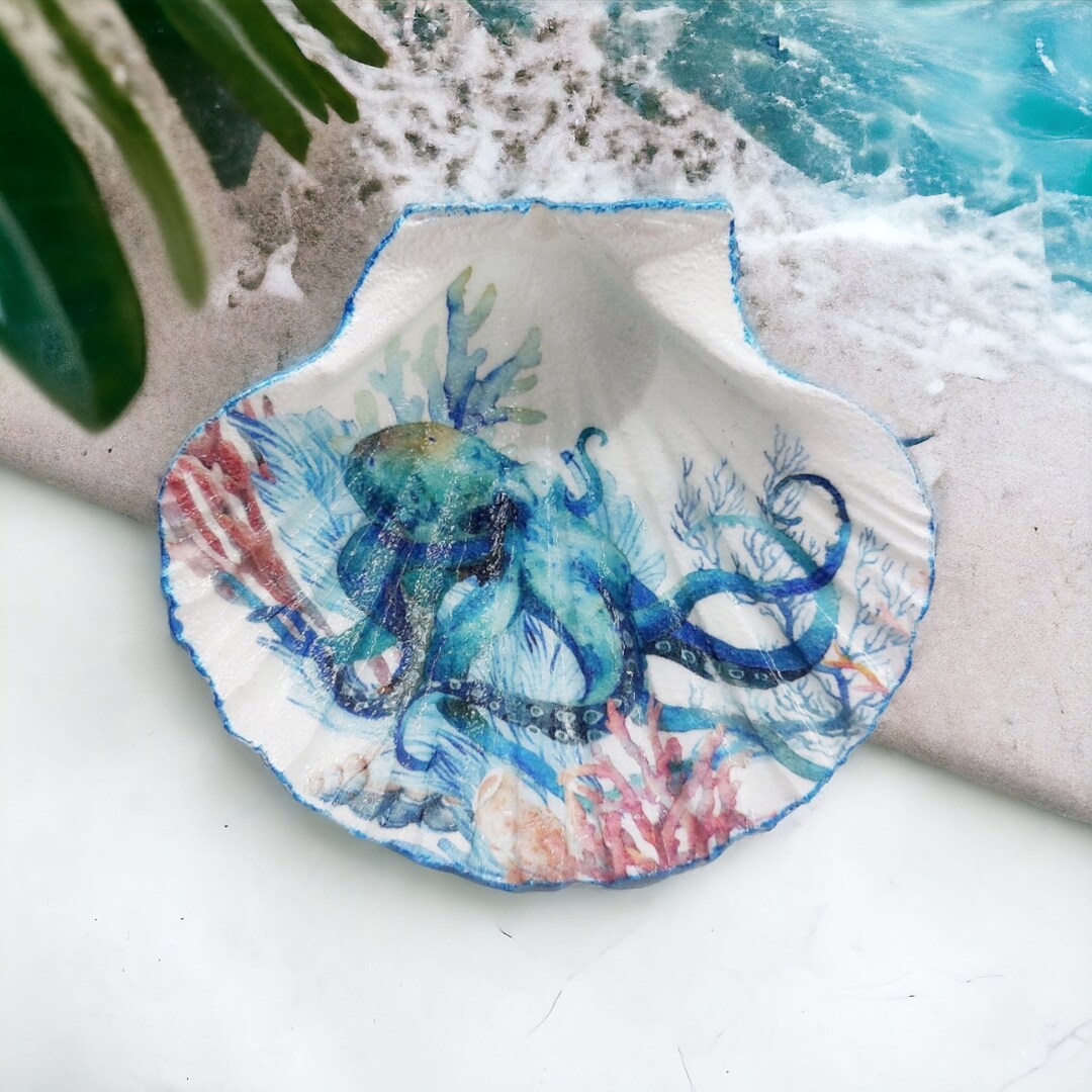 Octopus Shell, Sealife Hand Decorated Large Scallop Shell, Ring ...