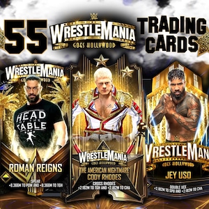 Puede incluir: Tres cartas de intercambio con los luchadores Roman Reigns, Cody Rhodes y Jey Uso. Las cartas son doradas y presentan los nombres de los luchadores y sus movimientos característicos. Las cartas son del evento WWE Wrestlemania Goes Hollywood.