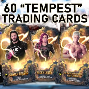 May include: Three trading cards featuring wrestlers Roman Reigns, Becky Lynch, and Cody Rhodes. The cards are part of a set called "Tempest" and have a gold and black design with lightning bolts.