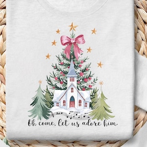Oh kom, laten we hem aanbidden png, aquarel kerstboom girly, Jesus Christmas-coquette boogboom png, kerstverlichting handgetekende