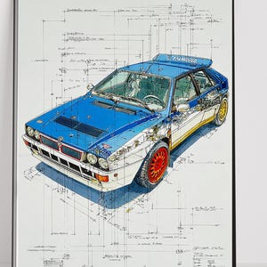 Może przedstawiać: Oprawiony wydruk z ilustracją niebiesko-białego samochodu rajdowego z czerwonymi i żółtymi akcentami. Grafika przedstawia konstrukcję samochodu z rysunkami technicznymi w tle. Koła samochodu są czerwone, a nadwozie niebieskie.
