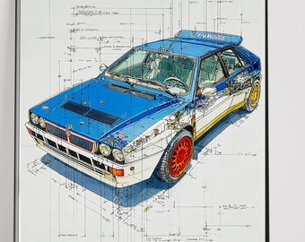May include: Framed print of a blue and white rally car illustration with red and yellow details. The artwork shows the car's design with technical drawings in the background. The car has red wheels and a blue body. The print is in a black frame.