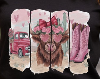 Cowgirl Valentine PNG: Western Highland Cow, Retro Brush Stroke (Digital Download)