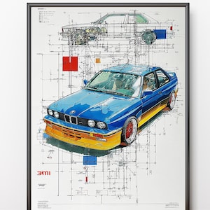 Puede incluir: Impresión artística enmarcada que presenta una ilustración de un coche deportivo azul y amarillo con planos técnicos. La obra de arte incluye una vista superior del coche y dibujos mecánicos detallados. La impresión está en un marco negro.