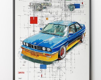 Arte de projeto de carro icônico: pôster esquemático de engenharia (download digital em PNG)