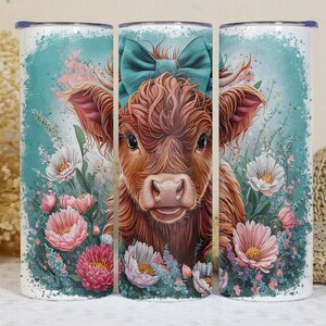 Highland Cow Tumbler Wrap: Floral 20oz Skinny Sublimation Design (PNG Digital Download)