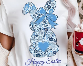 Blue Floral Easter Bunny PNG: Chinoiserie Clipart (Digital Download)