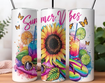 Sommarvibbar Tumbler Wrap: Akvarelldesign, 20oz smal tumbler (digital PNG-nedladdning)