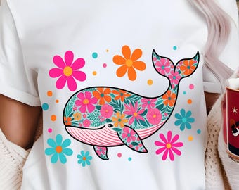 Floral Whale PNG: Retro Summer Beach Design (Digital Download)