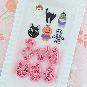 Halloween V6 Ausstanzteile aus Polymer Clay | Cowboy Geist Angst Katze Frosch Hexe Kürbis Skelett