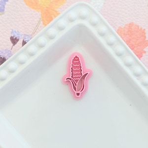 May include: A pink corn-shaped charm with a darker pink outline, set against a white, square-shaped dish with a decorative edge. The background features a floral pattern in shades of pink and orange.