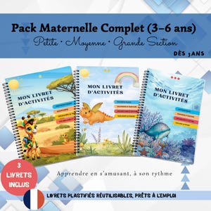 May include: A set of three spiral-bound activity books for children aged 3-6. The covers feature colorful illustrations of a giraffe, a dragon, and a whale. The books are labeled "Mon Livret D'Activités" and include text in French. The set includes the text "3 Livrets Inclus".