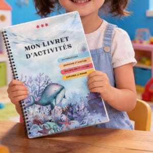 Peut inclure: Un cahier d'activités à spirales avec le titre "MON LIVRET D'ACTIVITÉS" et des onglets colorés pour différentes matières. La couverture présente une illustration d'une baleine, de coraux et d'étoiles de mer. Le livre est tenu par une personne.