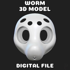 Puede incluir: Modelo 3D blanco de una cabeza de gusano, con grandes cuencas oculares y pequeñas aberturas circulares. El texto "WORM 3D MODEL" y "DIGITAL FILE" se muestra en blanco en la parte superior e inferior sobre un fondo oscuro.