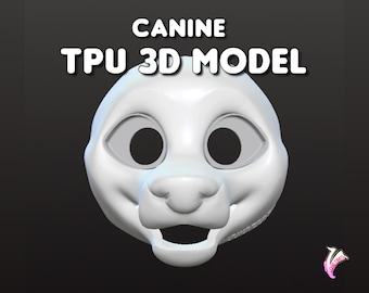 Puede incluir: Un modelo 3D canino blanco con grandes cuencas oculares, una nariz prominente y una boca abierta. El texto "CANINE TPU 3D MODEL" se muestra encima del modelo. El modelo está sobre un fondo oscuro.