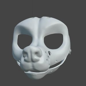 May include: A white, 3D-printed dog mask with large eye openings, a prominent nose, and small holes near the mouth. The mask is suspended against a gray background, showcasing its detailed design and structure. This item is likely for cosplay or costume use.
