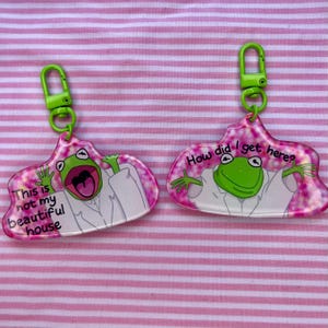 May include: Two green frog keychain charms with glitter backgrounds. One charm says "This is not my beautiful house" and the other says "How did I get here?"