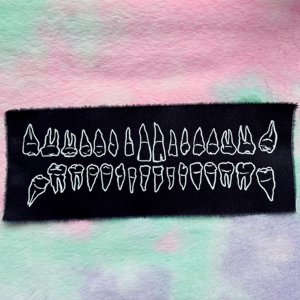 Crooked Teeth Patch, XL Hand-Printed Cotton Back Patch for Battle Jacket DIY Crust Pants