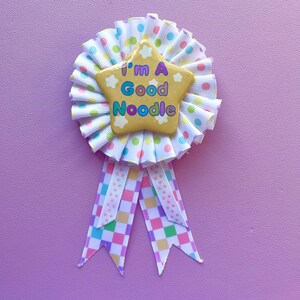 I’m A Good Noodle! award ribbon - one layer version // clowncore rosette ita bag decor party kei Polka dot