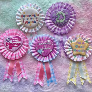 May include: Five colorful fabric rosettes with different pins attached. The pins feature various designs and text, including "Unemployee of the Month", "My Parents Got a Divorce", "Submissive & Breedable", "Not You Guillermo", and "I'm a Good Noodle".