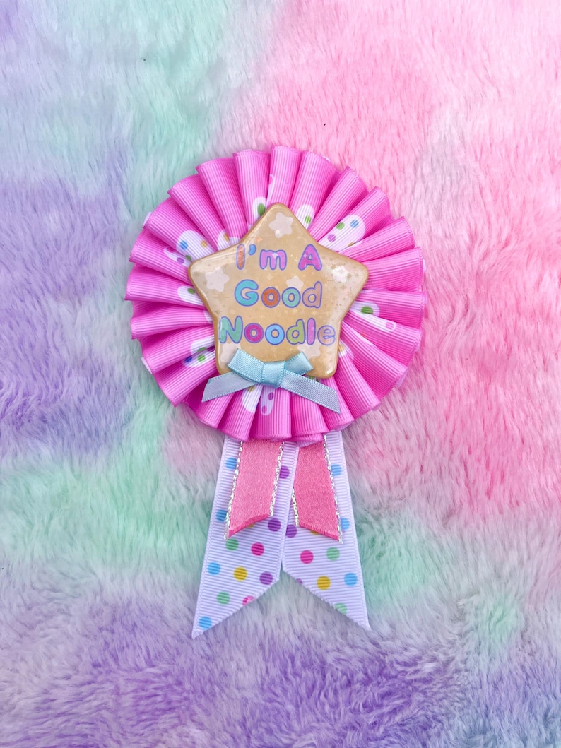 I’m A Good Noodle! award ribbon - one layer version // clowncore rosette ita bag decor party kei Pink