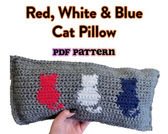 Modèle au crochet - tapisserie de coussin chat rouge, blanc et bleu - conditions américaines - 4 juillet - téléchargement immédiat