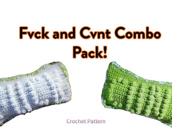 May include: Two crocheted pillows, one light blue and one green, with a white border. The pillows have a textured surface and are labeled "Fvck and Cvnt Combo Pack!" and "Crochet Pattern".