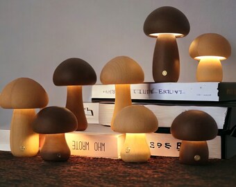 Wooden Mushrooms Night Light Touch Switch Bedroom Bedside Table Lamp Walnut Beech Wood Warm Dimmable