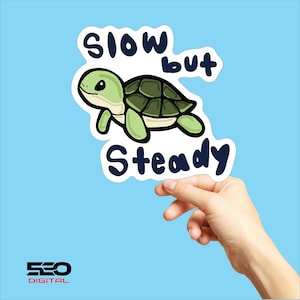 May include: A sticker featuring a cartoon turtle with the words "Slow but Steady" in a playful font. The turtle is green and white, set against a light blue background. The sticker is held by a hand.