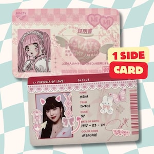 May include: Two rectangular identification cards with pink and white designs. The top card features an anime-style illustration of a person with pink hair. The bottom card displays a photograph of a person, the text "FORMULA OF LOVE", "MINA", "TWICE", "CODE 37", "1997-03-24", and "#6DCDB8".