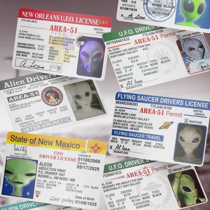 UFO Driving License | Area 51 Permit ID Card | Alien Flying Saucer ...