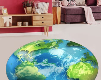 3D World Map Rug: Round Earth Rug for Kids Room