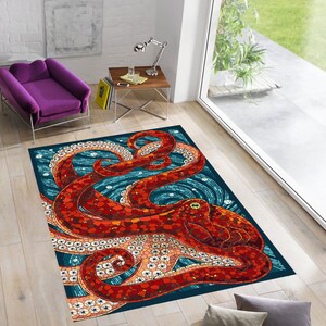Octopus Rug,Sea Animal Rug,Animal Rug,Ocean Rug,Red Octopus Rug,Mosaic Rug,Girls Rug,Custom Rugs,Area Rugs,Birthday Gifts,Personalized Gift