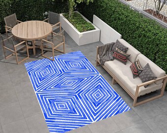 Blue Geometric Outdoor Rug: Washable Patio Garden Decor