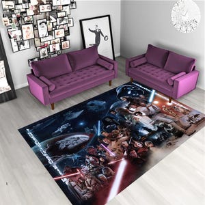 May include: A Star Wars-themed rug with a collage of characters and spacecraft against a dark blue space background. Two purple velvet sofas and a matching loveseat are in the room. A clock and framed art are on the walls.