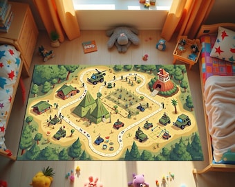Military Campsite Kids Rug: Car Road Play Mat