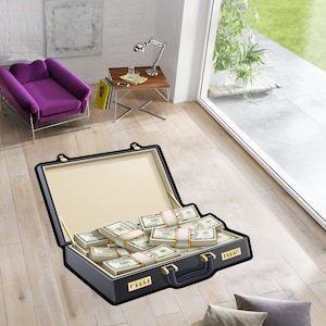 Tappeto a forma di dollaro, tappeto a forma di denaro, tappeto a forma di sacco di soldi, tappeto a forma di borsa, tappeti sagomati, tappeti per soggiorno, tappeti per camera da letto, tappeti personalizzati, tappeti per area, tappeti moderni, tappeto popolare