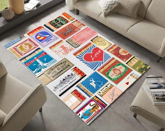 Matchbox Art Area Rug: Vintage Retro Style, Turkish Boho Decor