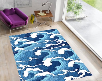 Big Wave Area Rug: Japanese Ocean Art, Modern Living Room Decor